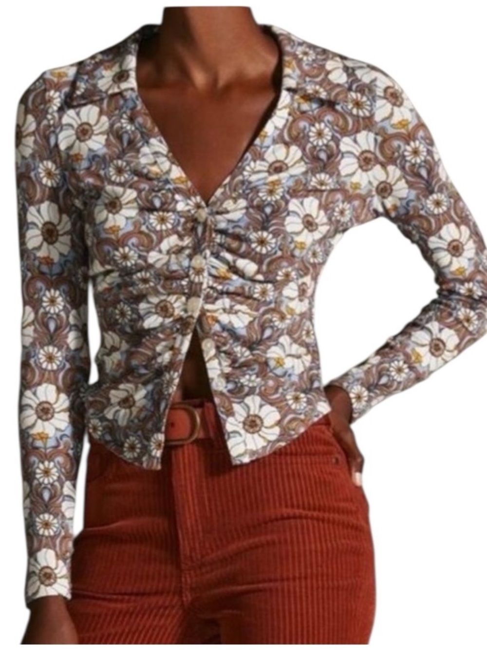 Anthropologie Maeve Ruched Button Up Stretchy 70s Retro Boho Floral Top Sz XS